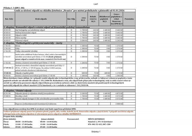 Ceník odpadů - Skládka TKO Jistebnice Hranice