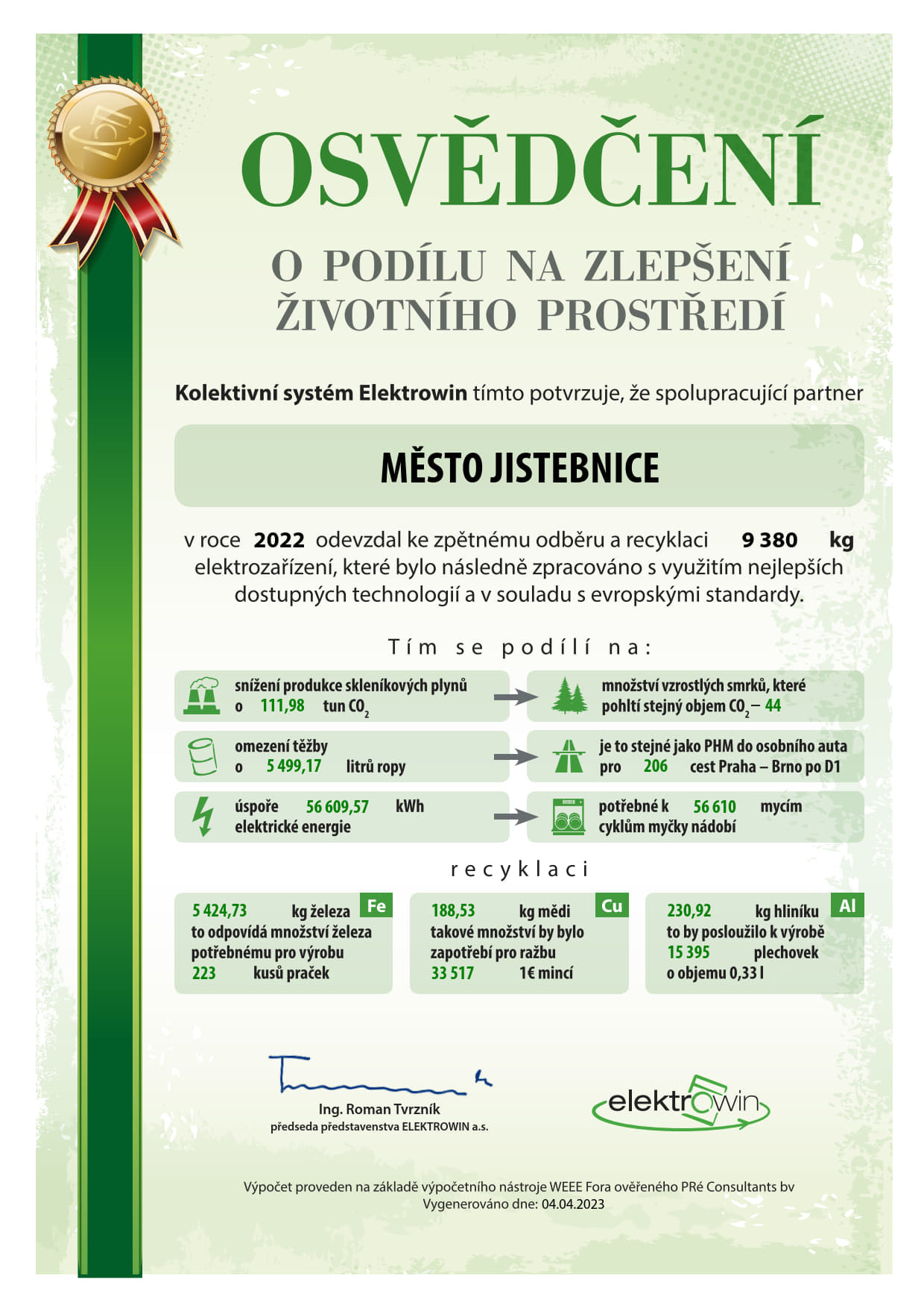 Osvědčení o podílu na zlepšení životního prostředí - r. 2021