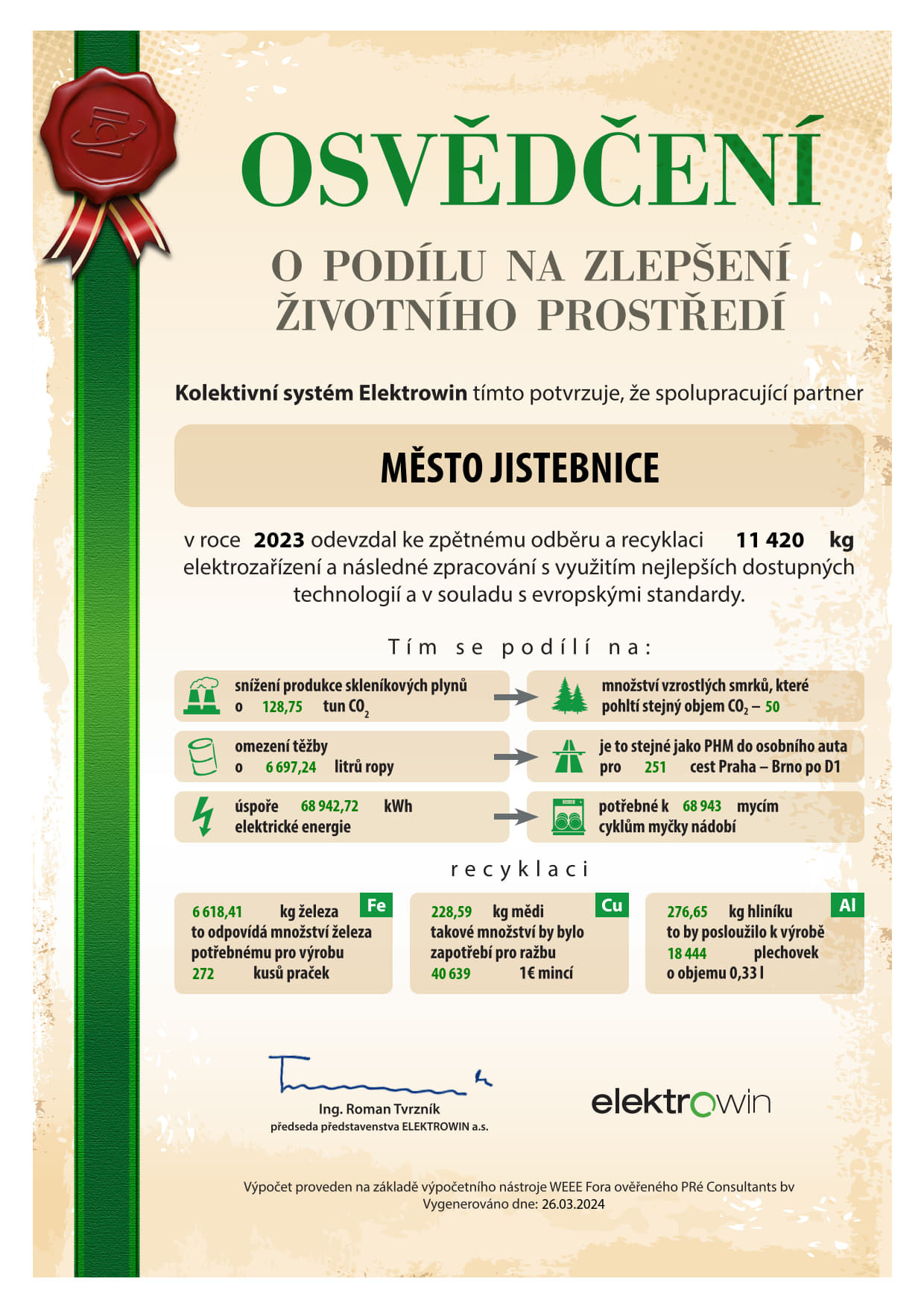 Osvědčení o podílu na zlepšení životního prostředí - r. 2023