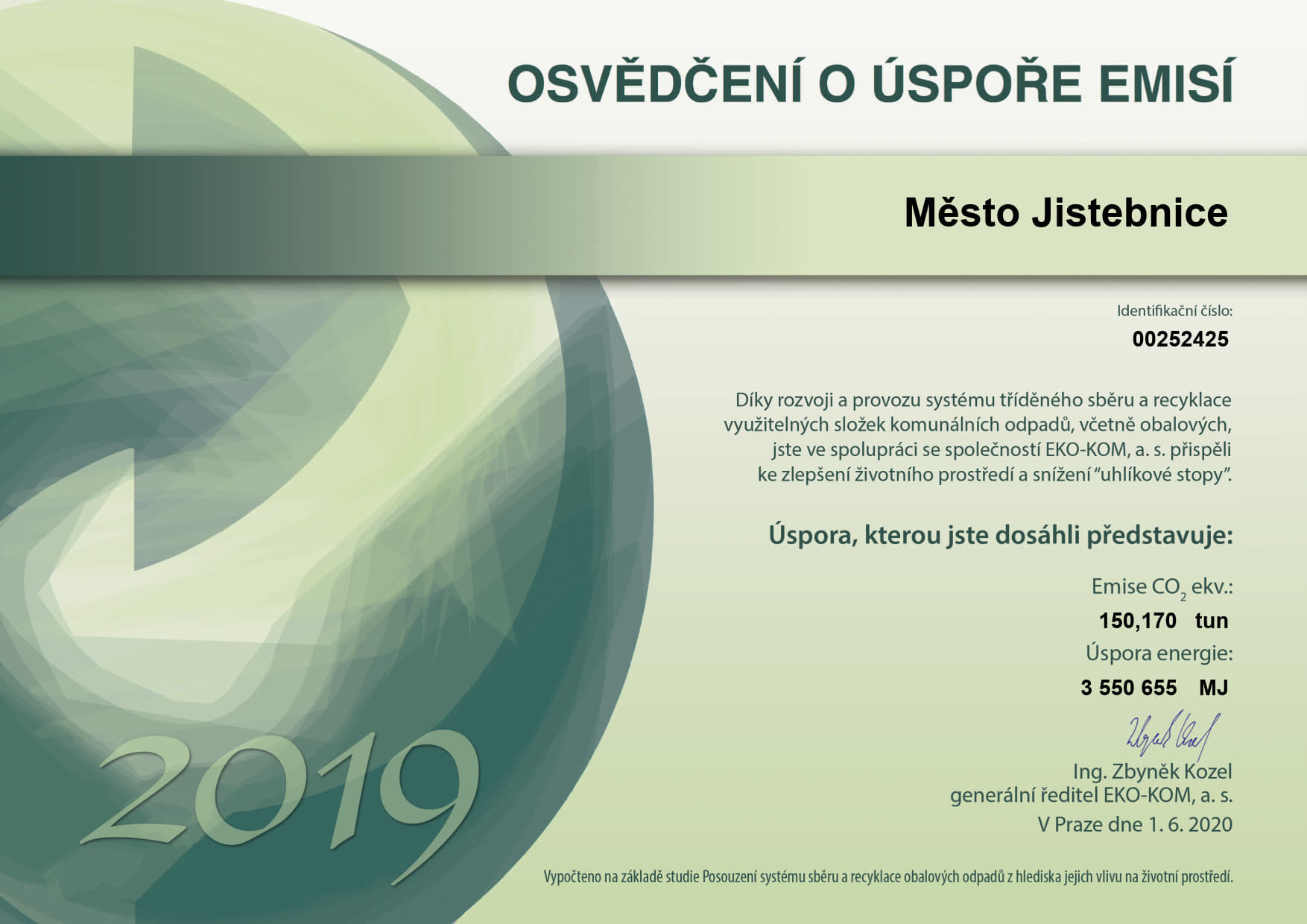 Osvědčení o úspoře emisí za rok 2019