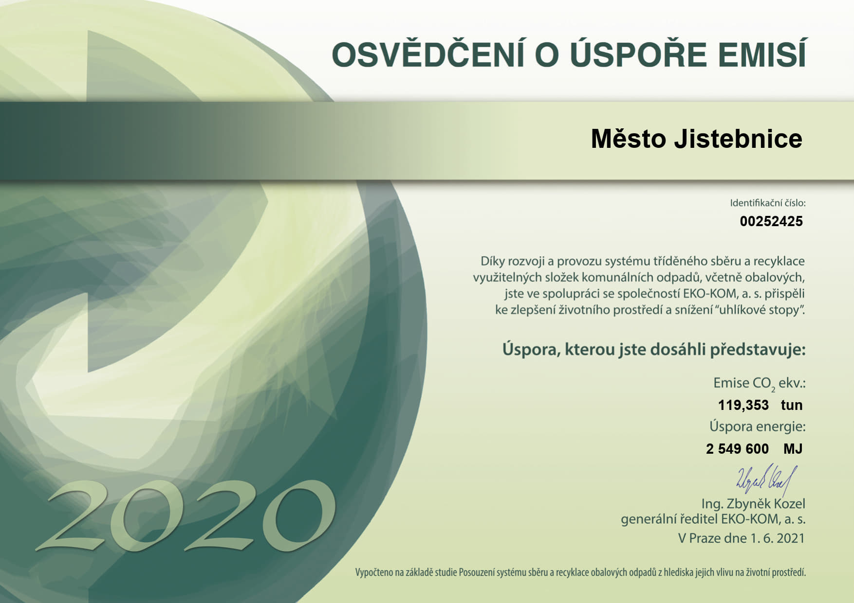 Osvědčení o úspoře emisí za rok 2020