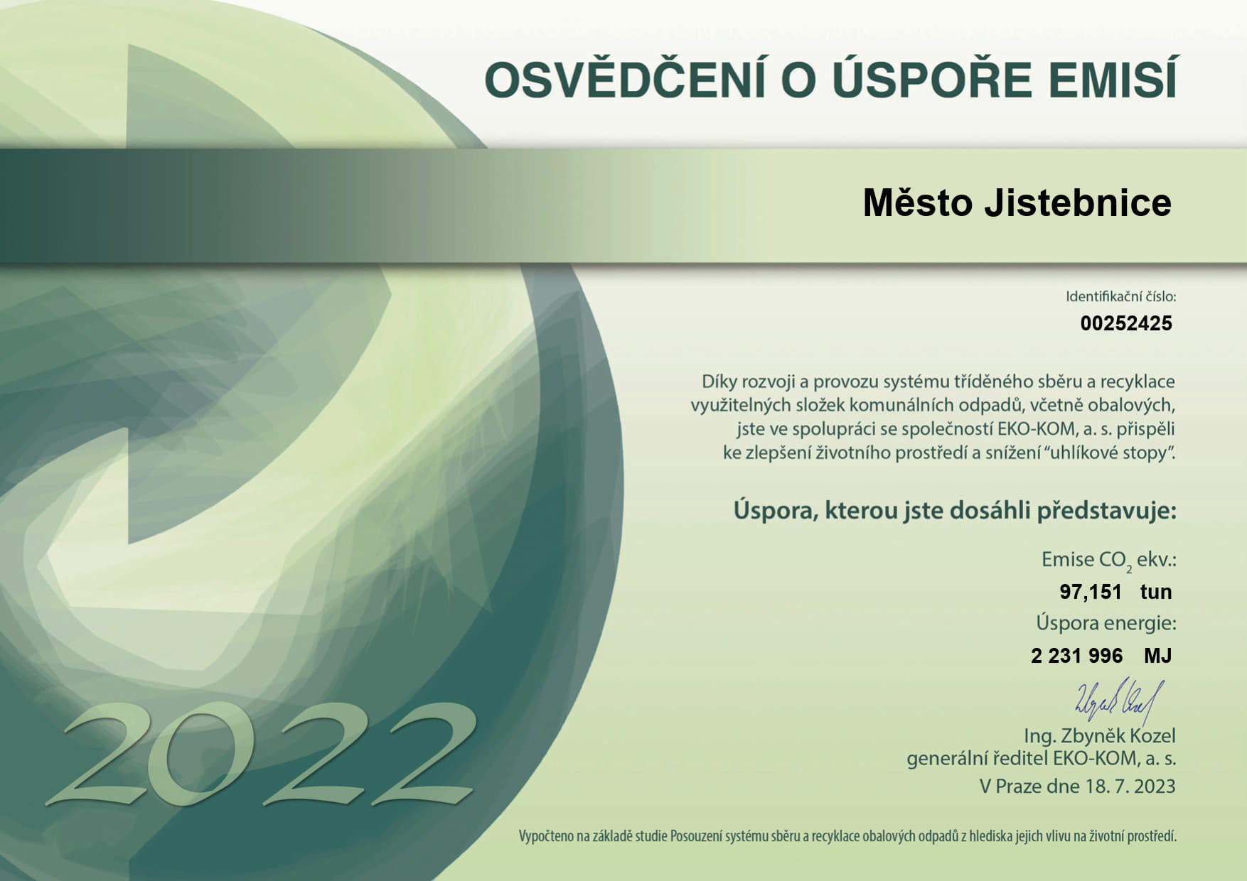Osvědčení o úspoře emisí za rok 2022