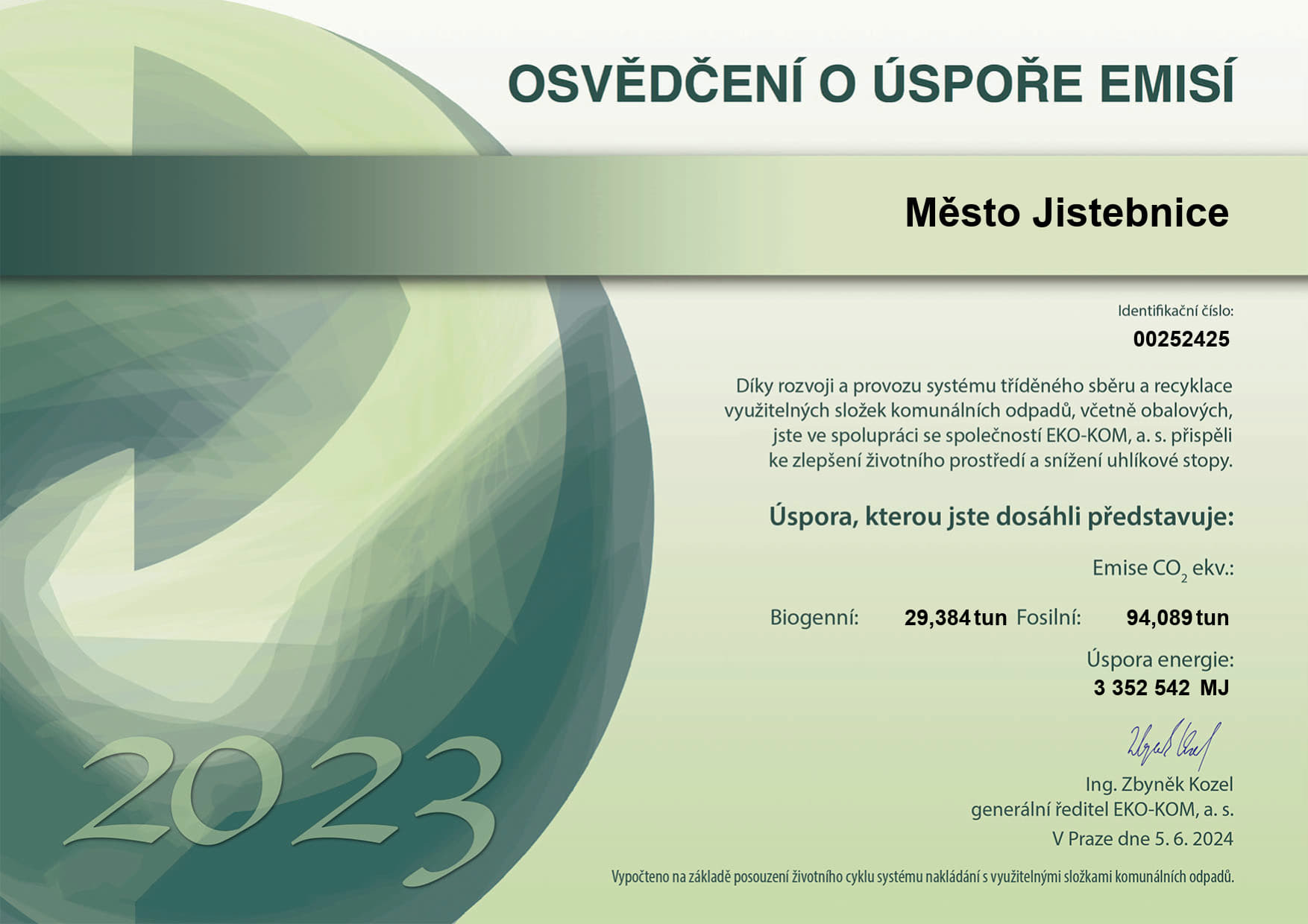 Osvědčení o úspoře emisí za rok 2023