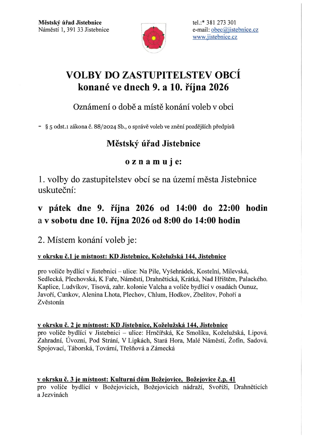Oznámení o době a místě konání voleb v obci