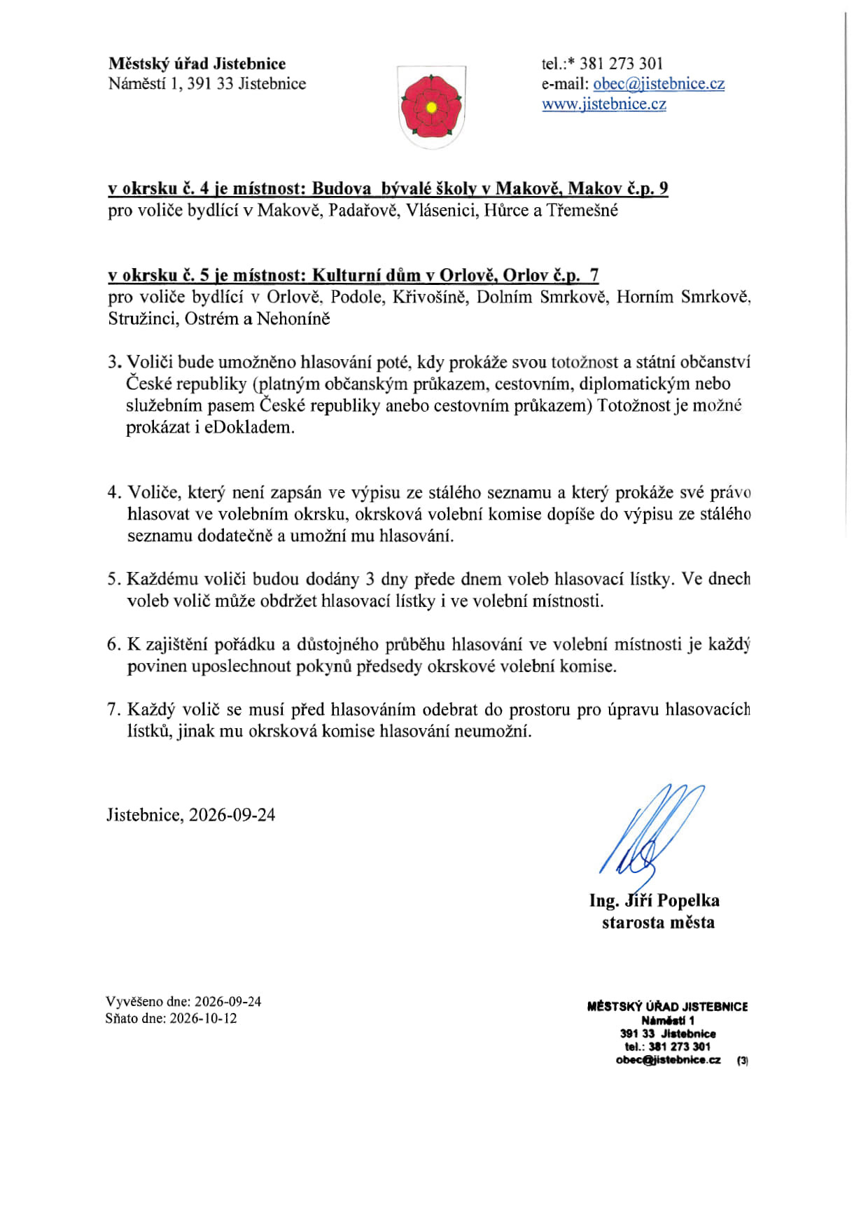 Oznámení o době a místě konání voleb v obci
