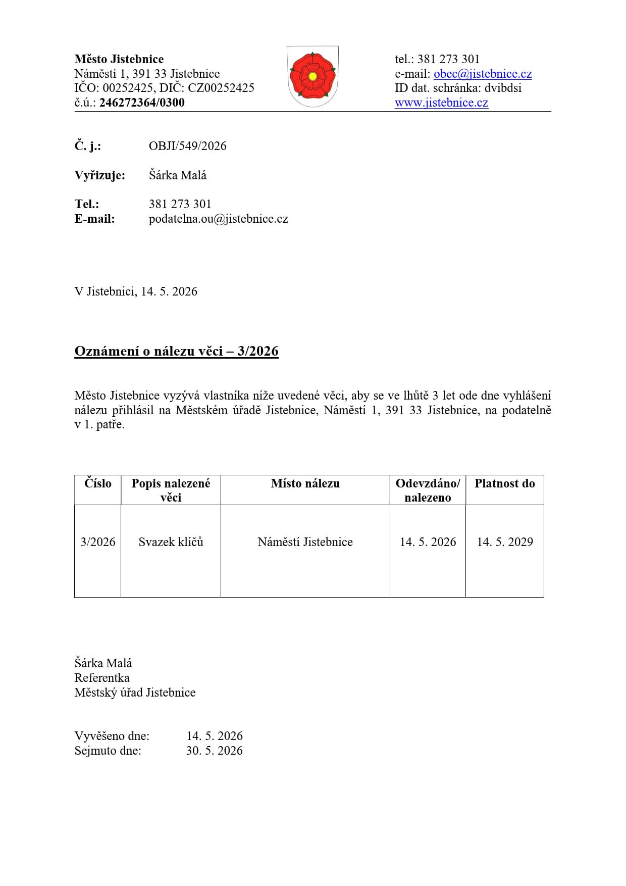 Oznámení o nálezu věci - 3/2026