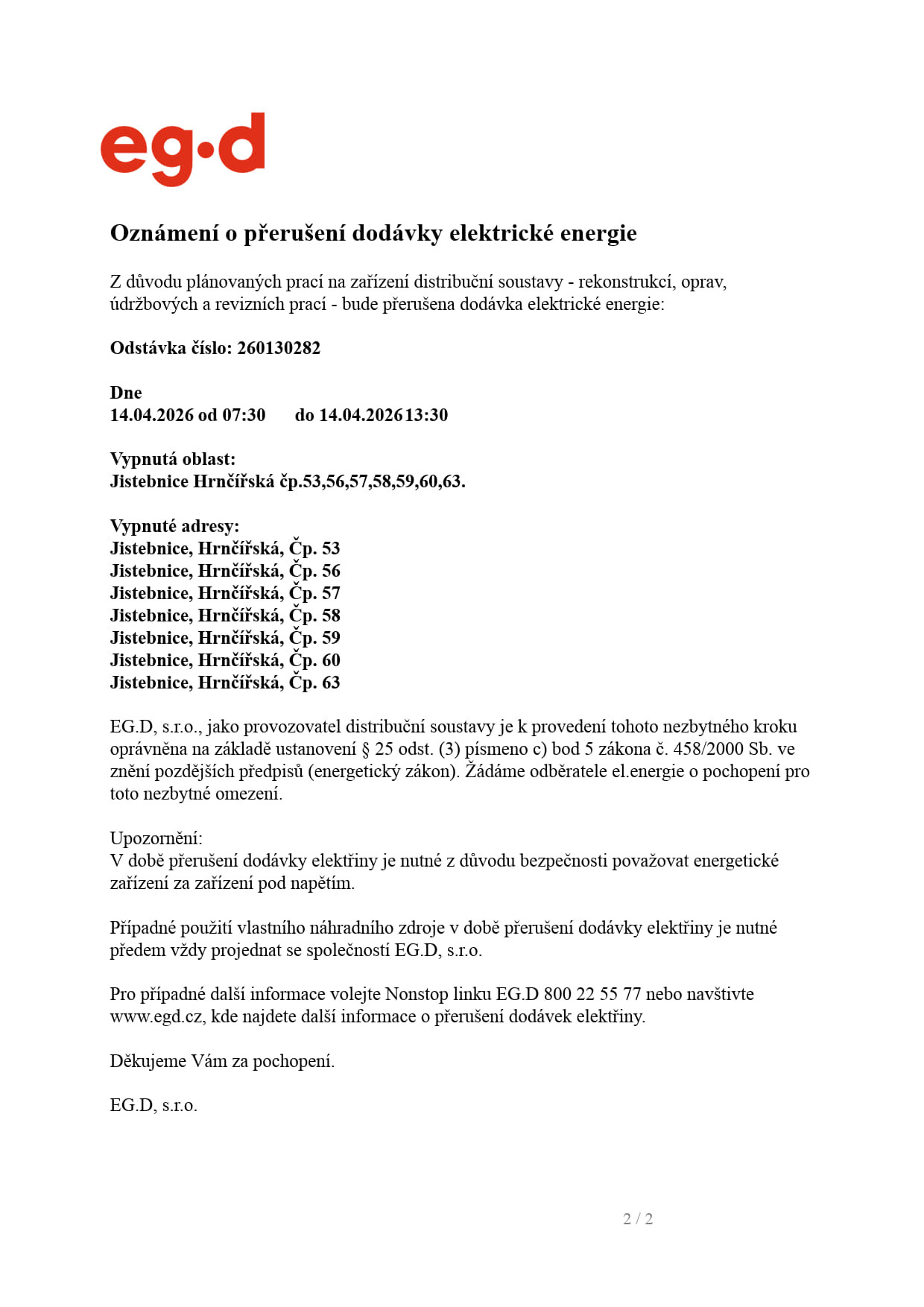 Oznámení o přerušení dodávky el. energie - Jistebnice, Hrnčířská ul.