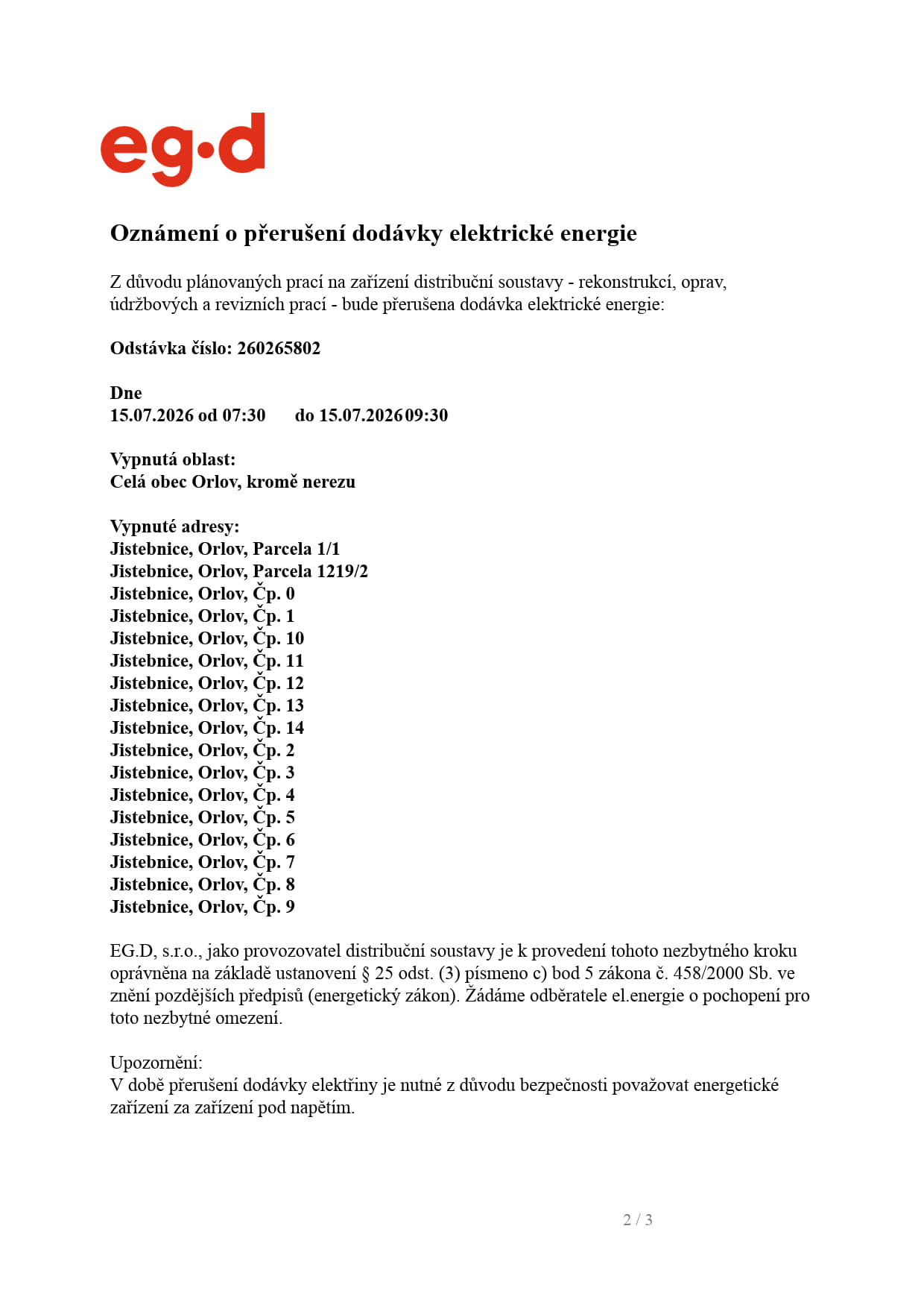 Oznámení o přerušení dodávky el. energie - Orlov