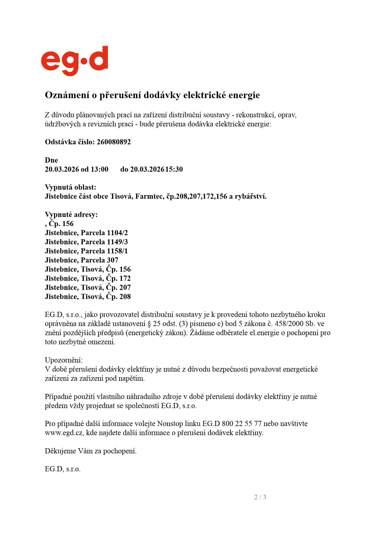 Oznámení o přerušení dodávky el. energie - Jistebnice