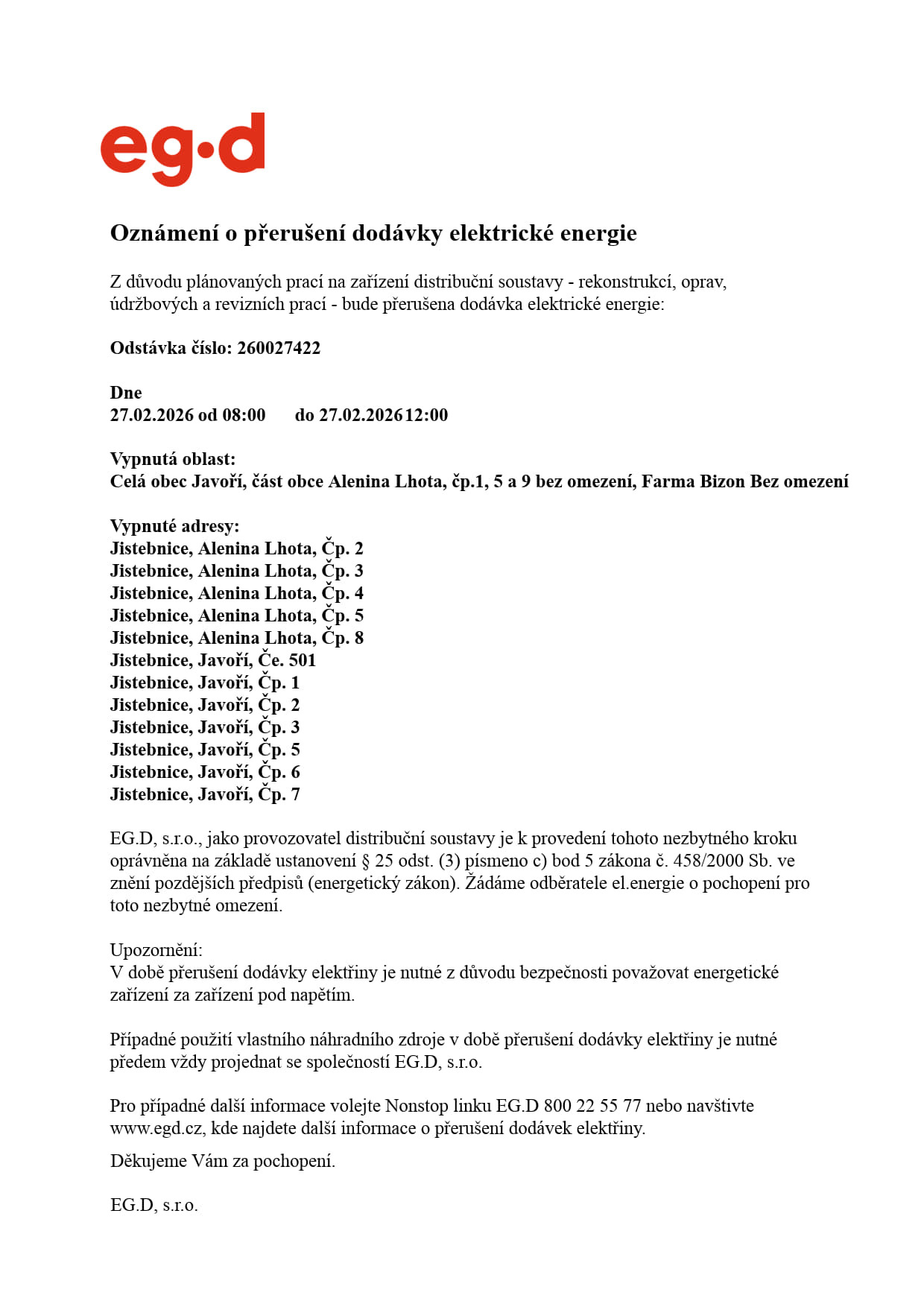 Oznámení o přerušení dodávky el. energie - Alenina Lhota, Javoří