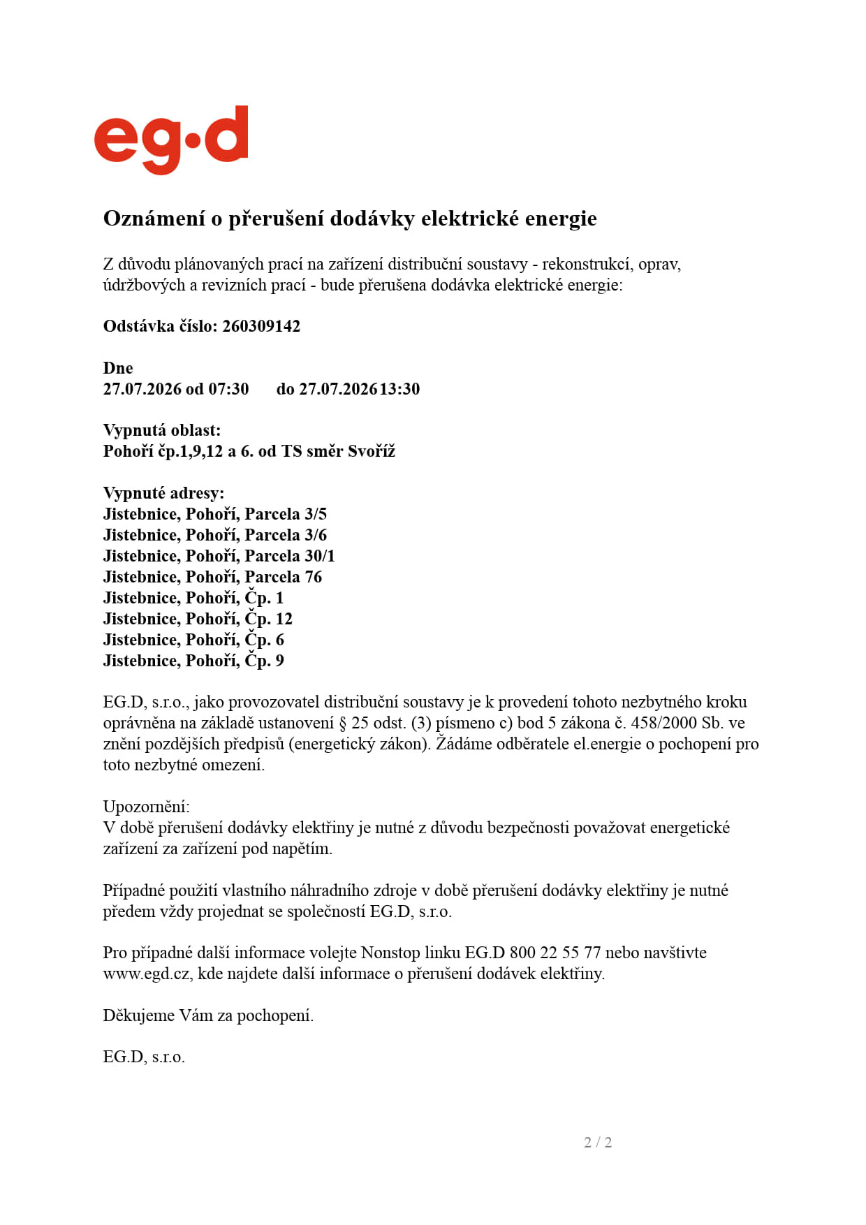 Oznámení o přerušení dodávky el. energie - Pohoří