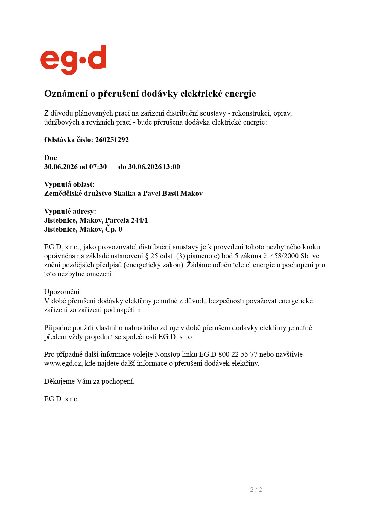 Oznámení o přerušení dodávky el. energie - ZD Skalka, P. Bastl Makov
