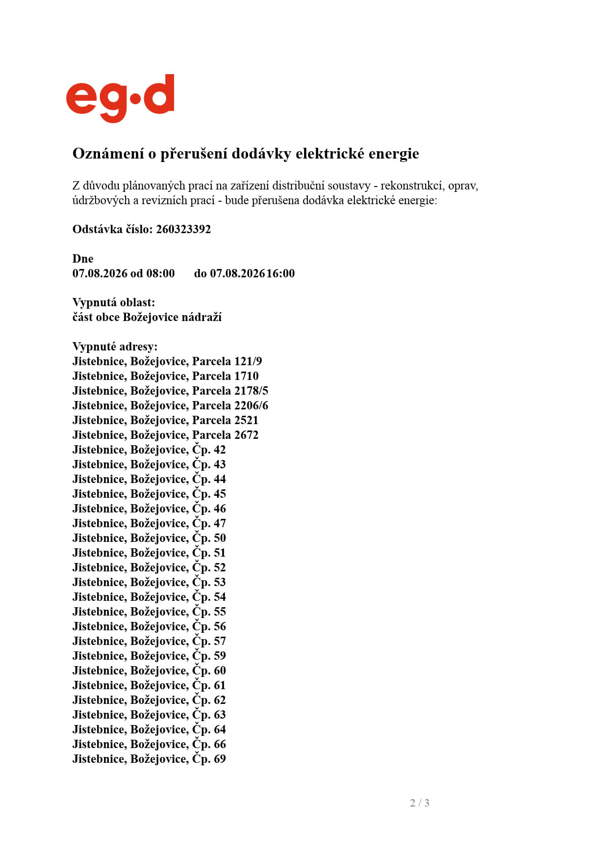 Oznámení o přerušení dodávky el. energie - Božejovice nádraží