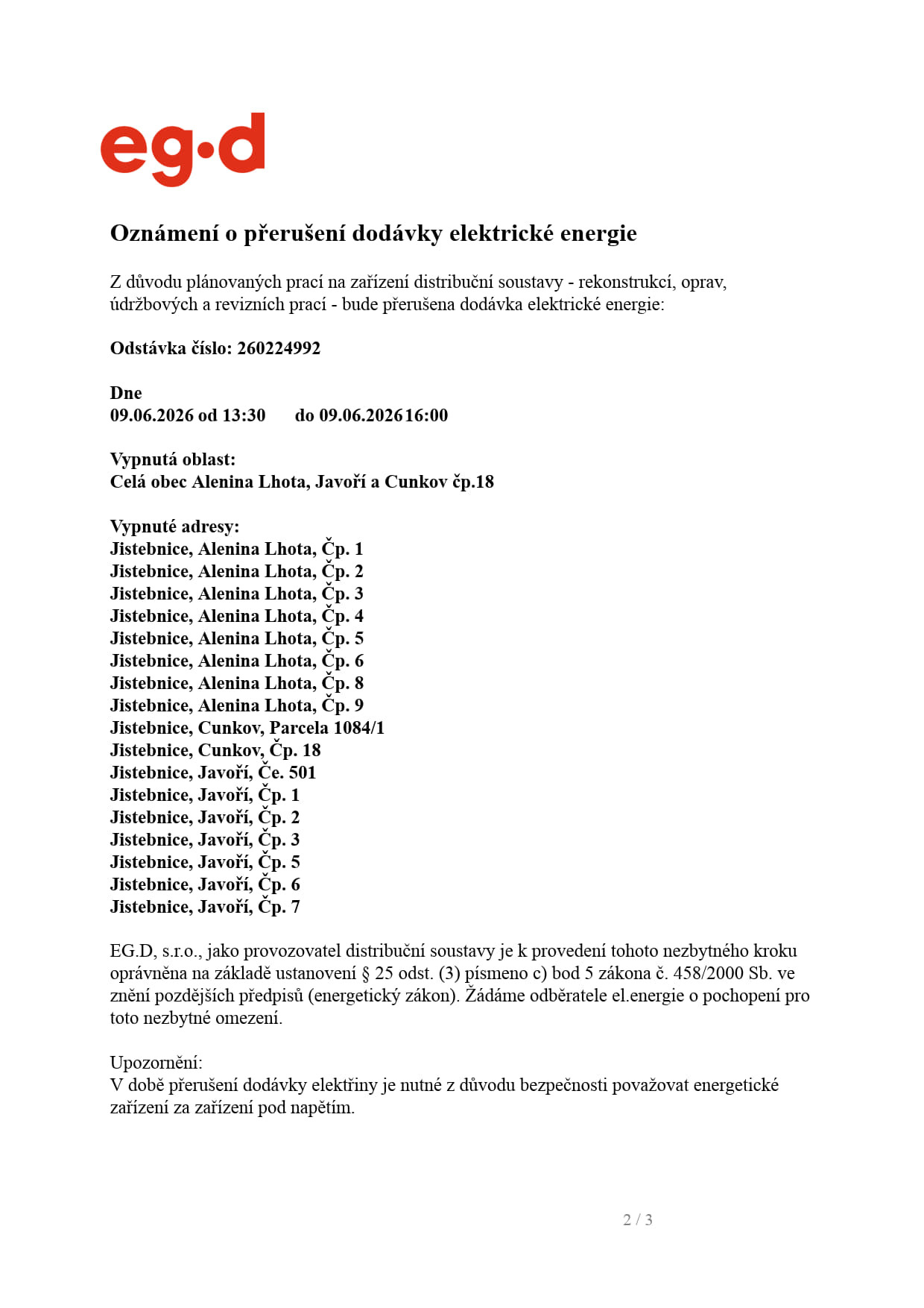 Oznámení o přerušení dodávky el. energie - Alenina Lhota, Javoří, Cunkov č.p. 18