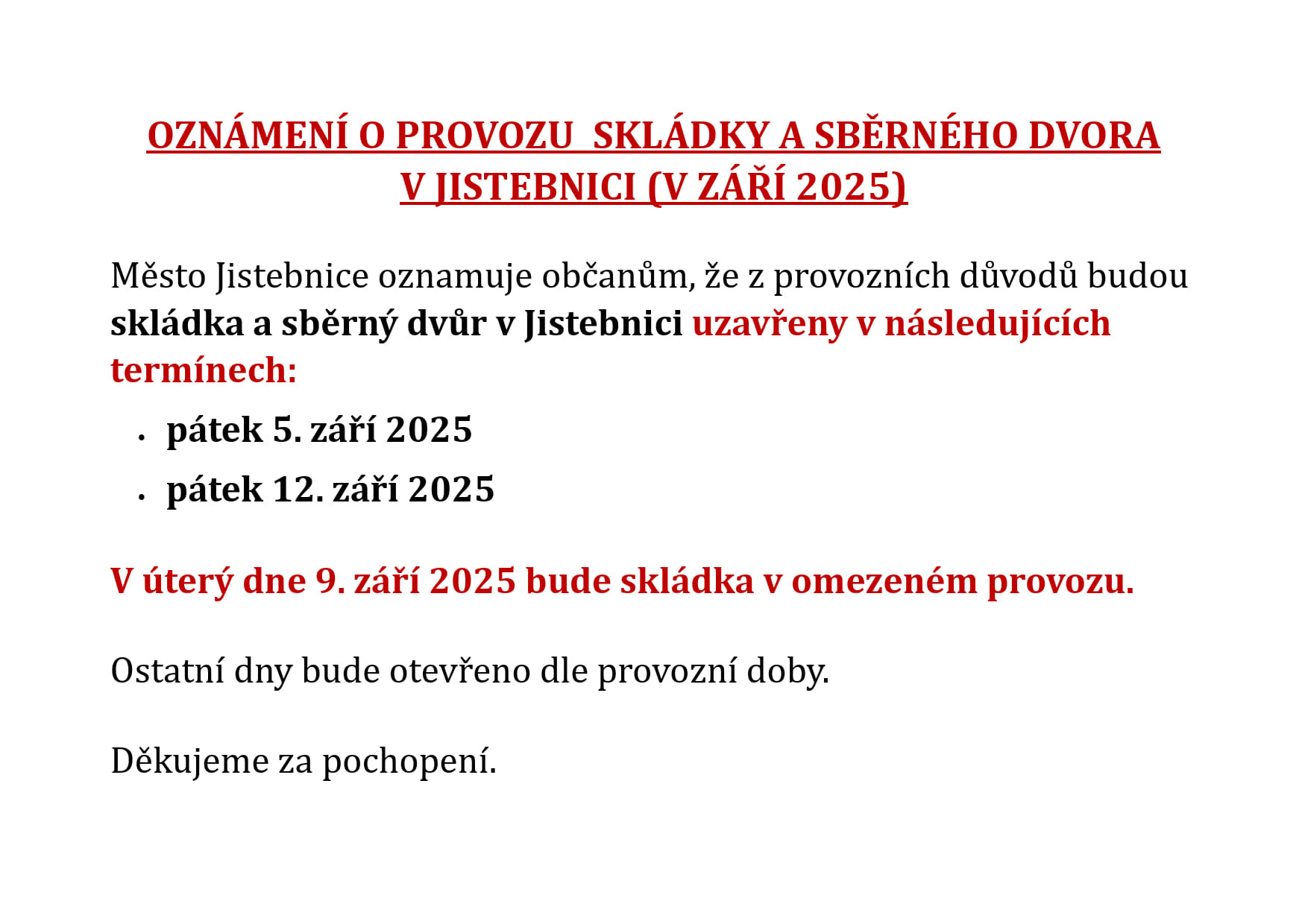 Oznámení o provozu skládky a sběrného dvora v září 2025