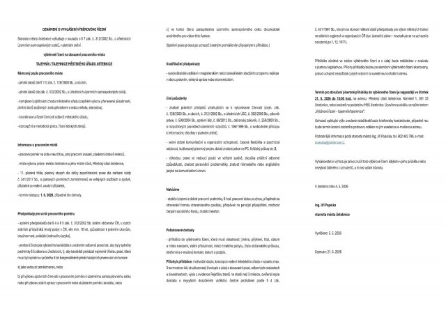 OZNÁMENÍ O VYHLÁŠENÍ VÝBĚROVÉHO ŘÍZENÍ -tajemník