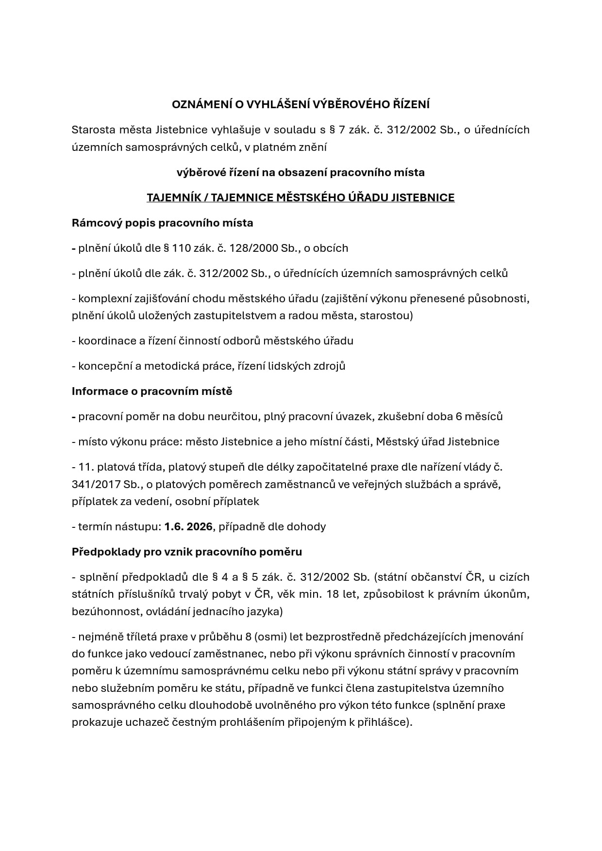 Oznámení o vyhlášení výběrového řízení_město Jistebnice