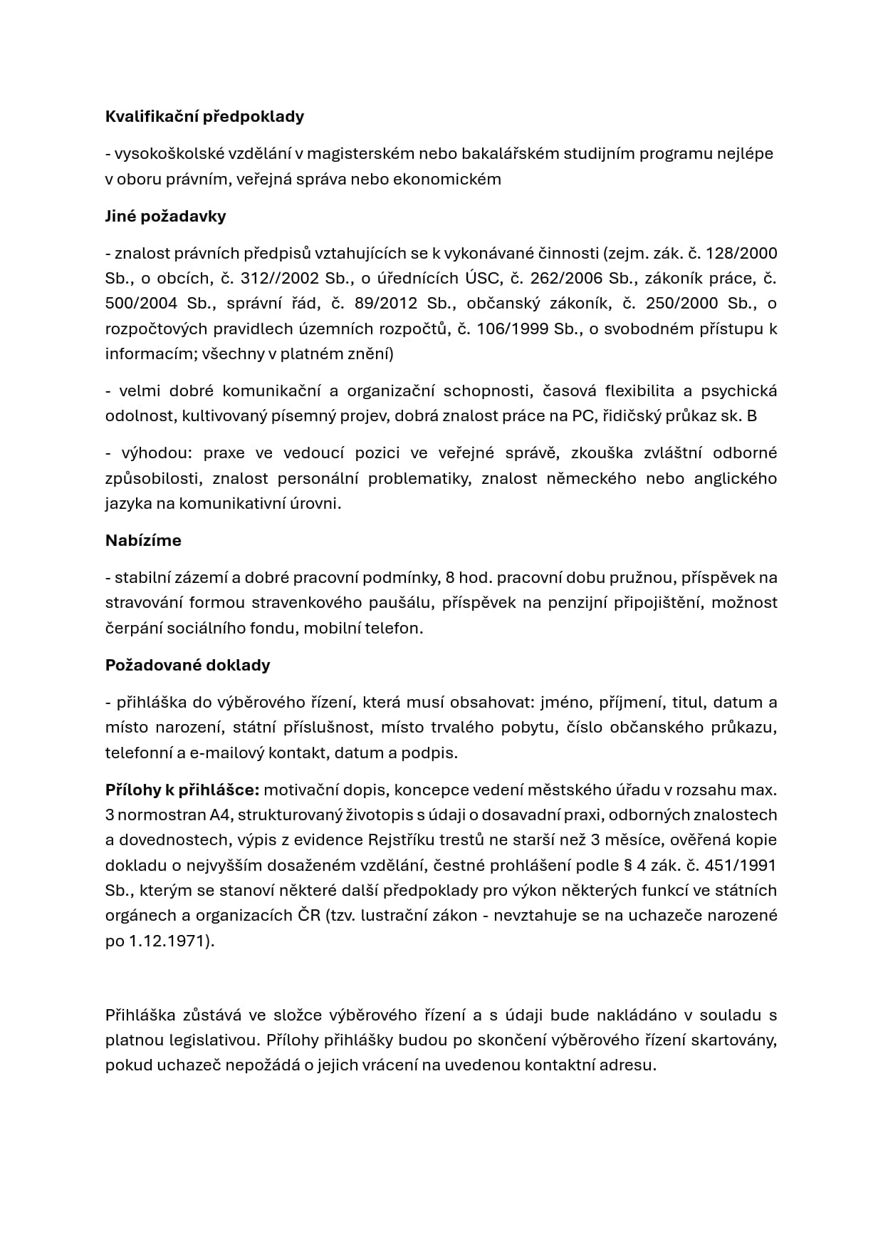 Oznámení o vyhlášení výběrového řízení_město Jistebnice