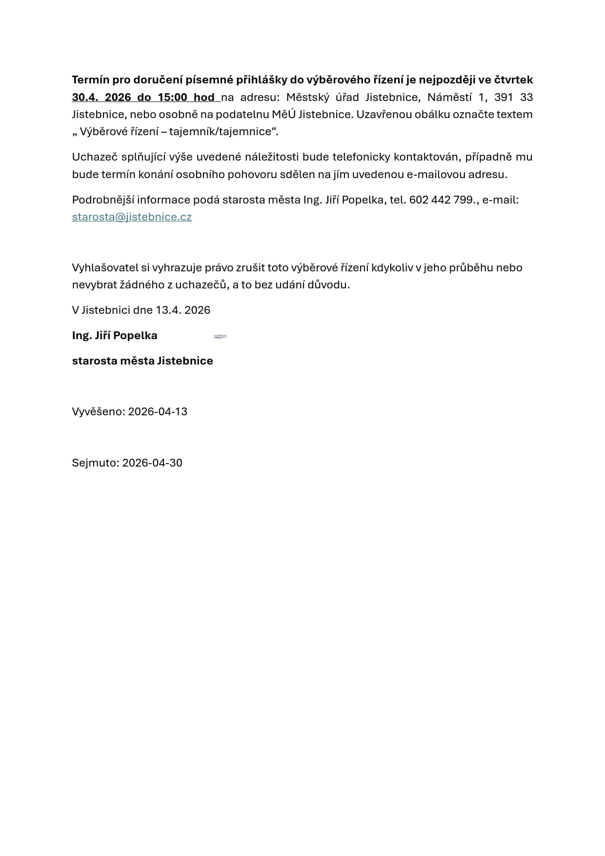 Oznámení o vyhlášení výběrového řízení_město Jistebnice