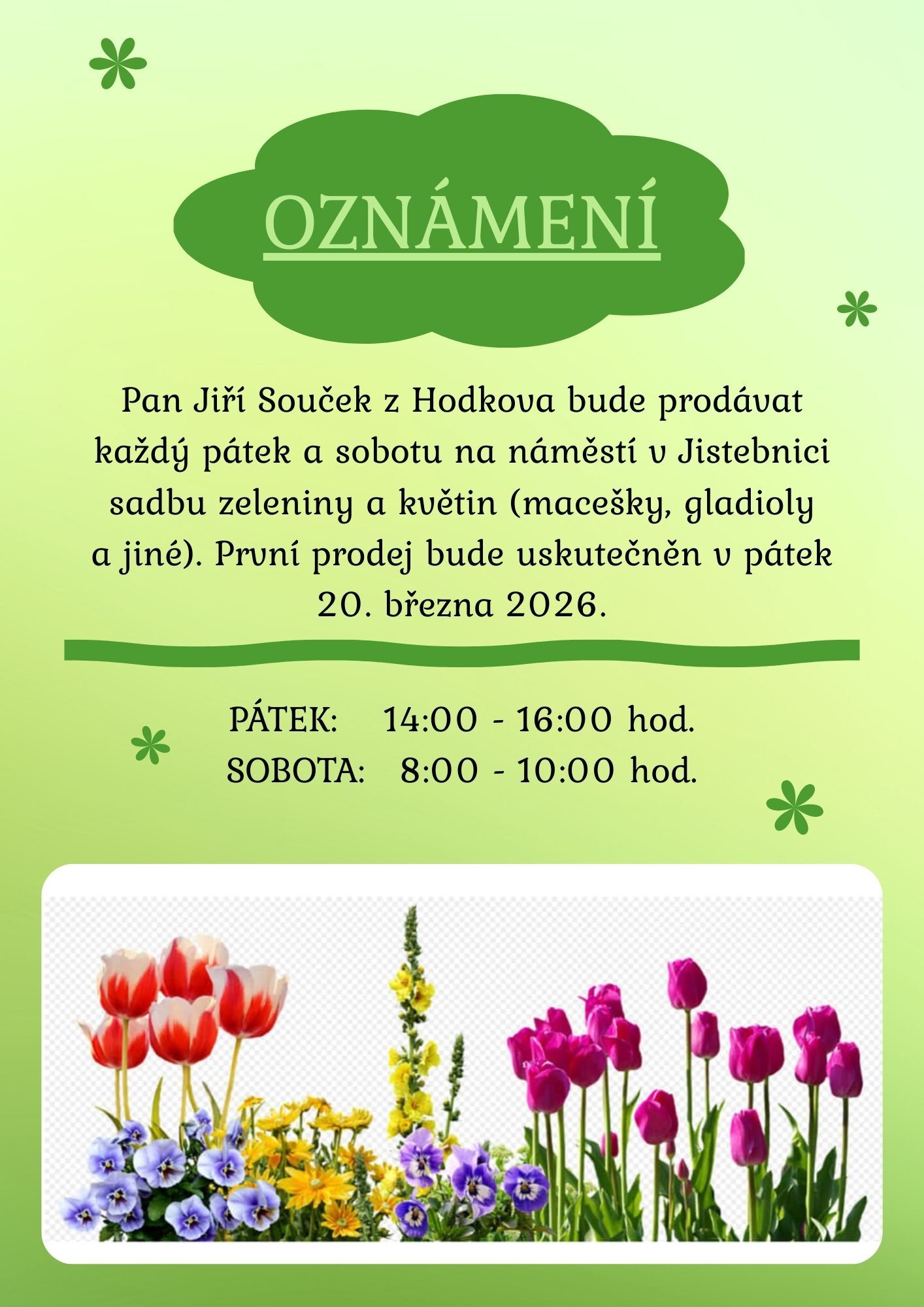 Oznámení - prodej sadby zeleniny a květin