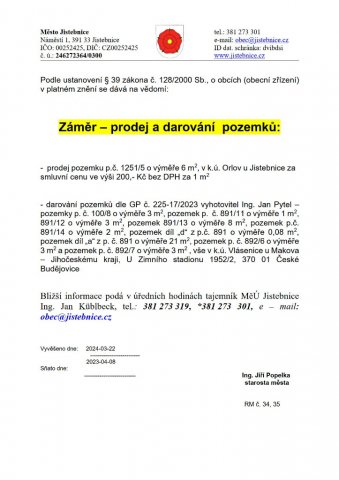 Oznámení - záměr prodeje a darování  pozemků k.ú. Orlov u  Jistebnice k.ú. Vlásenice u Makova