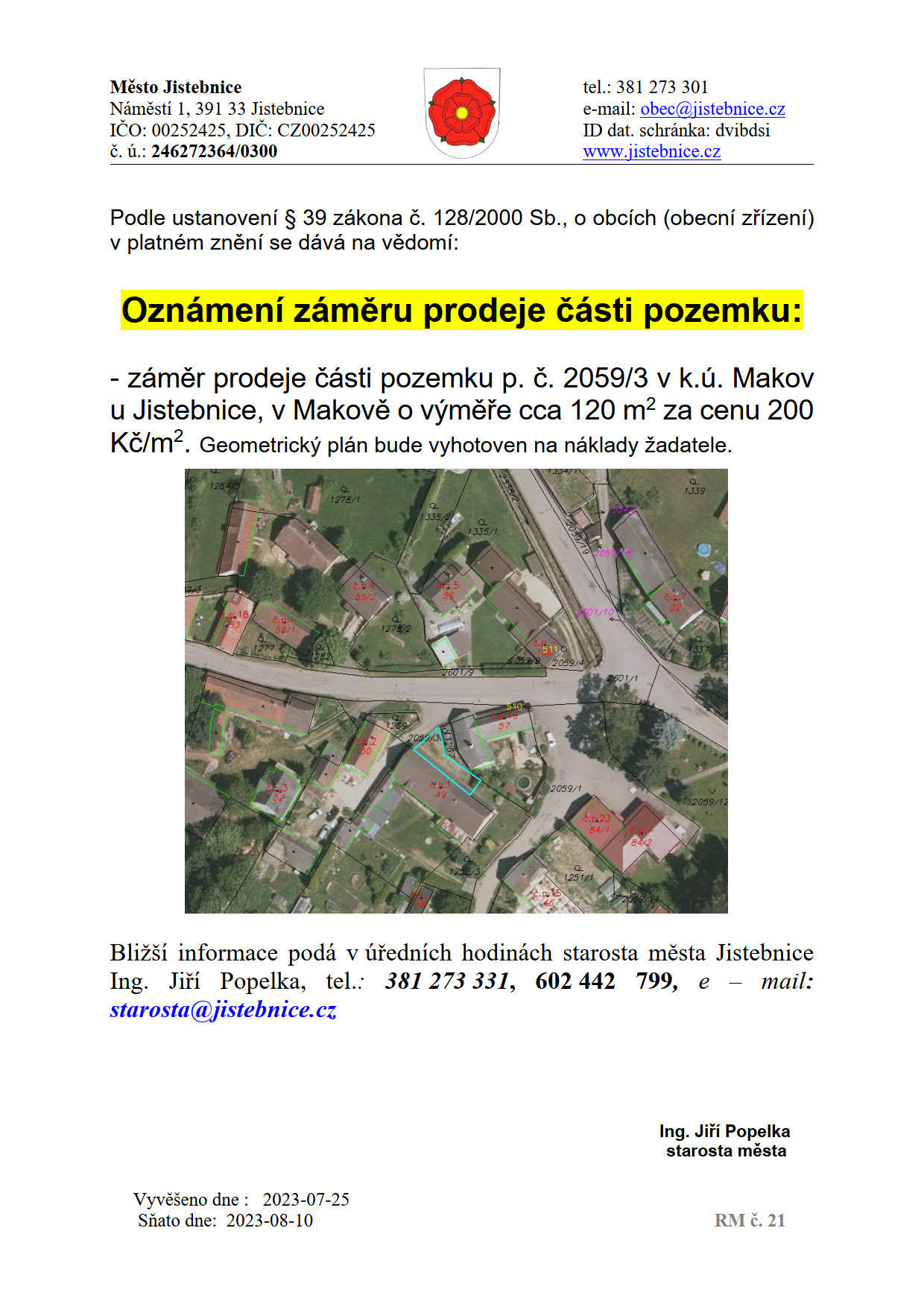 Oznámení záměru prodeje části pozemku v k.ú. Makov u Jistebnice, v Makově