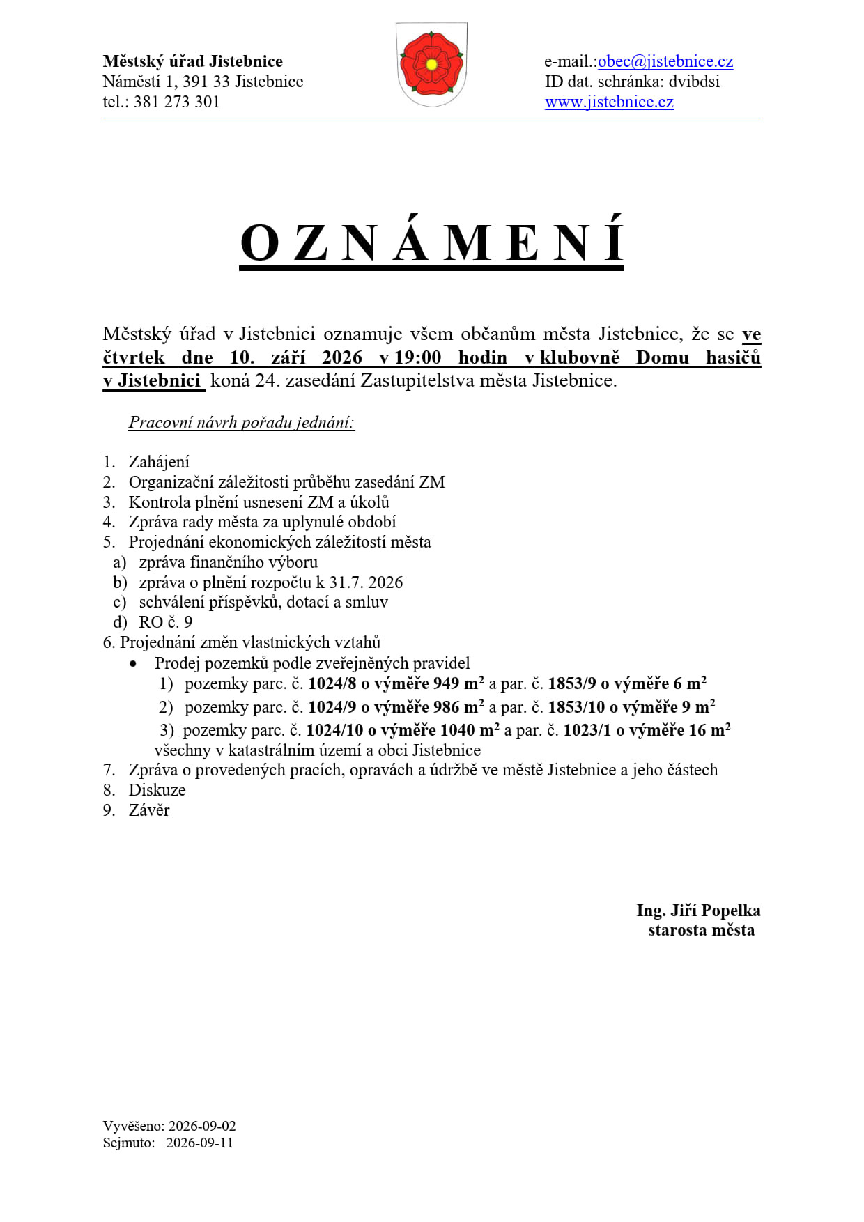 OZNÁMENÍ - 24. zasedání Zastupitelstva města Jistebnice