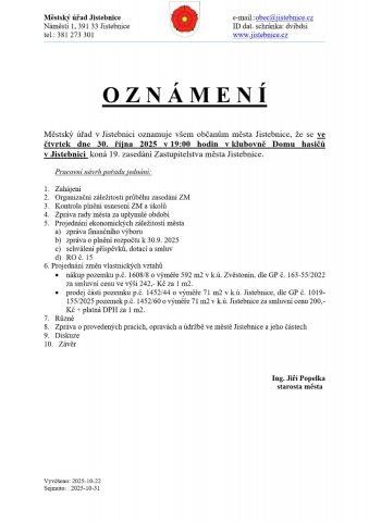 OZNÁMENÍ - 19. zasedání Zastupitelstva města Jistebnice