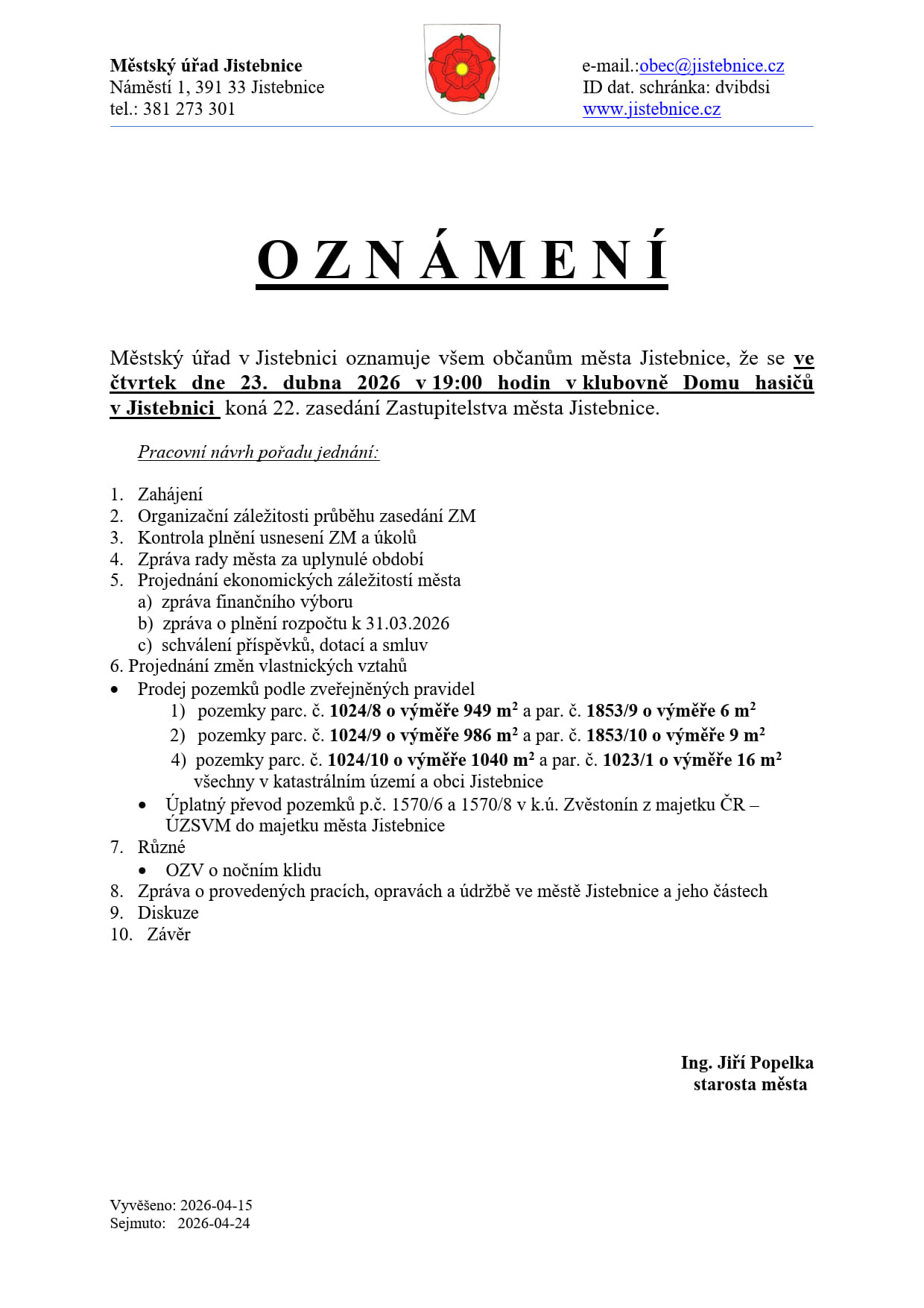 OZNÁMENÍ - 22. zasedání Zastupitelstva města Jistebnice