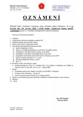 OZNÁMENÍ - 23. zasedání Zastupitelstva města Jistebnice