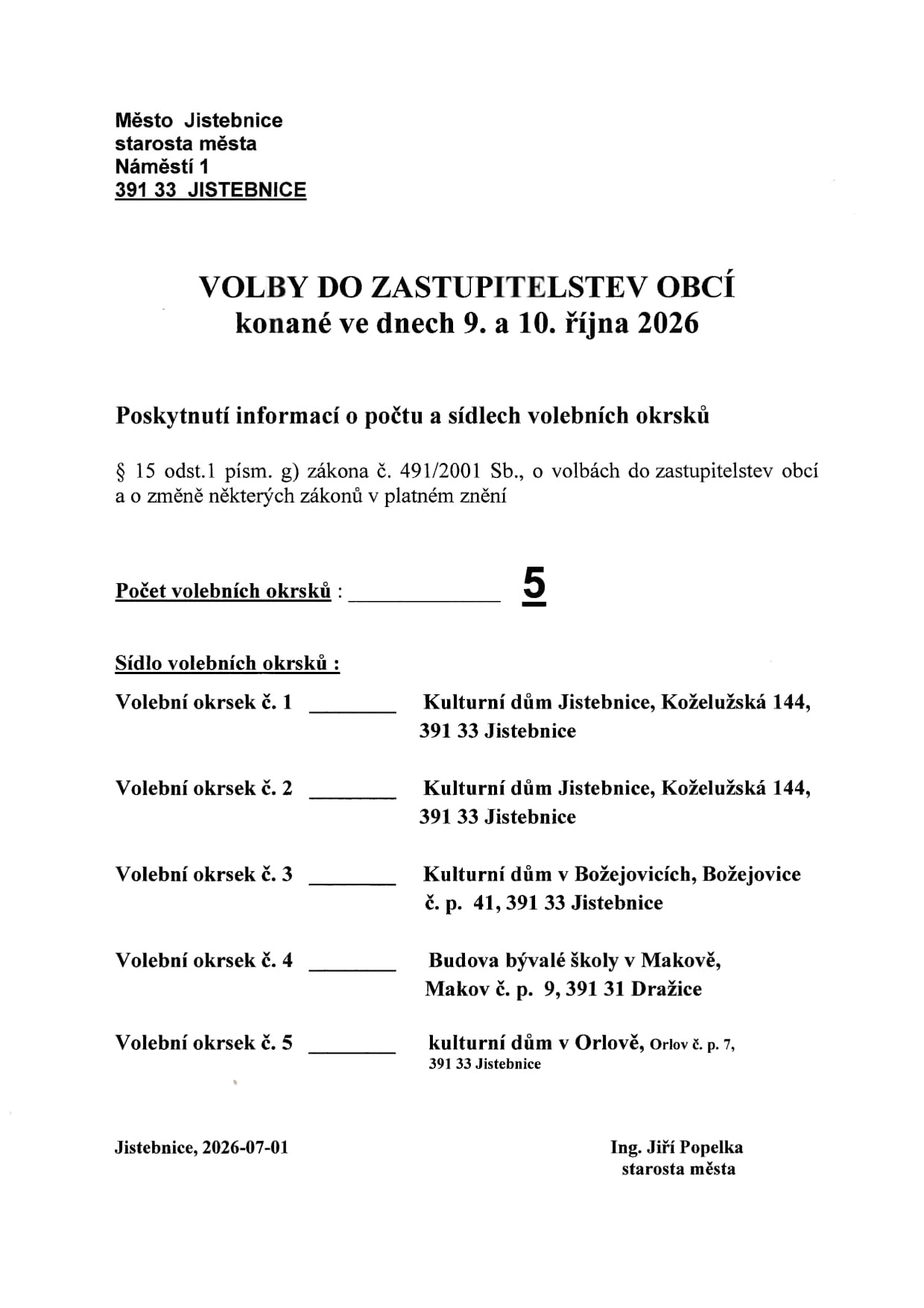 Poskytnutí informací o počtu a sídlech volebních okrsků - volby 9. a 10. října 2026