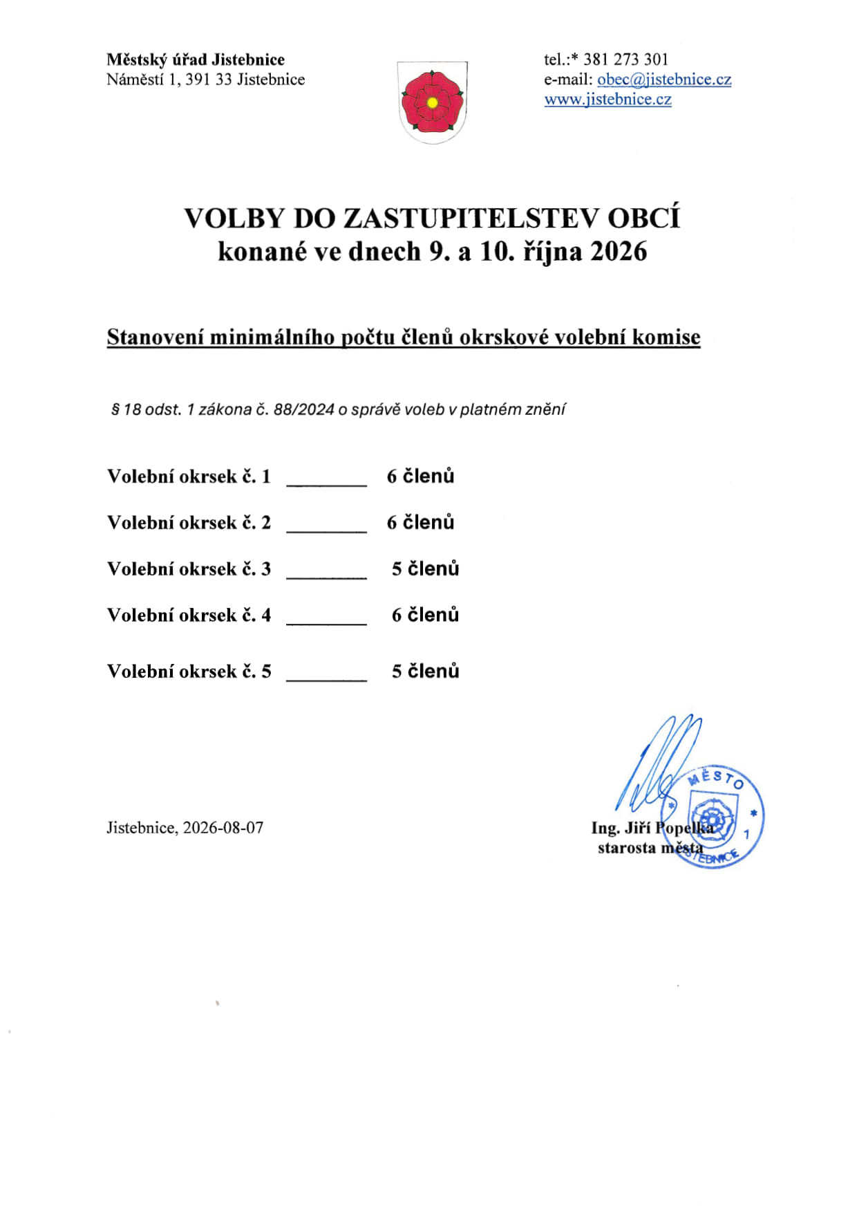 Stanovení minimálního počtu členů okrskové volební komise