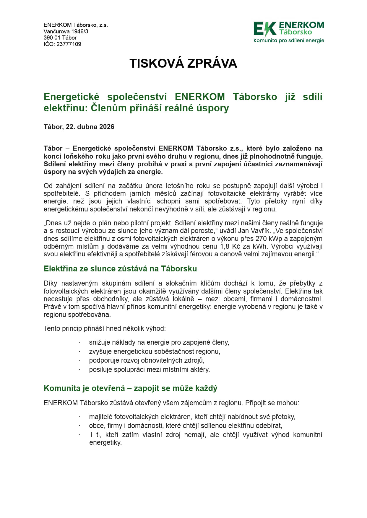 ENERKOM Táborsko již sdílí elektřinu - a sdílet může každý