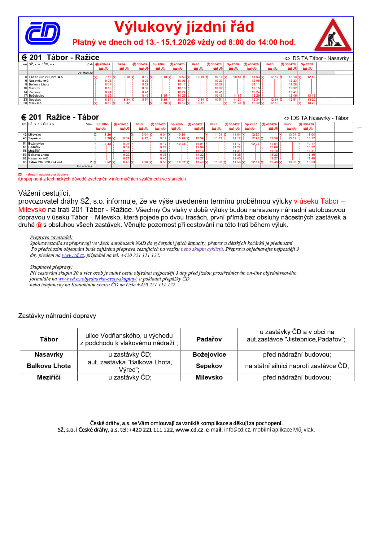 Výlukový jízdní řád ČD v úseku Tábor - Písek
