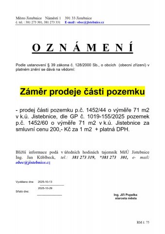Záměr města Jistebnice -  prodej  části pozemku v k.ú. Jistebnice  v  Jistebnici
