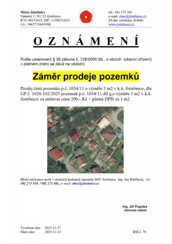 Záměr města Jistebnice - prodej části pozemku v k.ú. Jistebnice