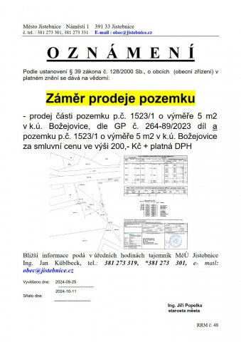 Záměr prodeje pozemku v k.ú. Božejovice