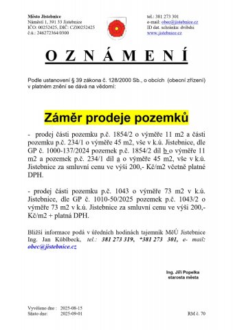 Záměr města Jistebnice -  prodej pozemků v k.ú. Jistebnice 