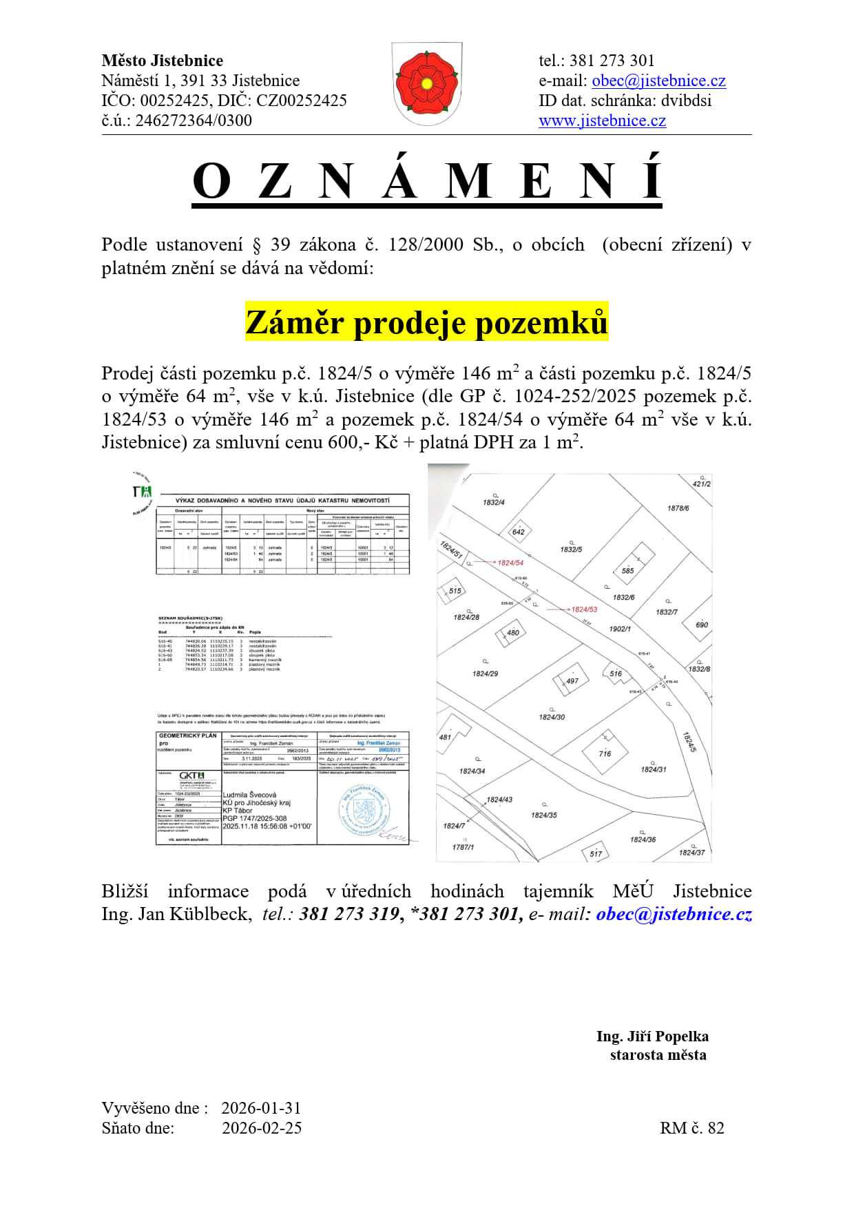 Záměr prodeje pozemku v Jistebnici - Valcha