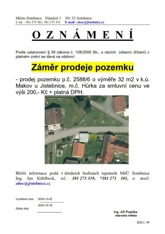 Záměr města Jistebnice -  prodej   pozemku v k.ú. Makov u Jistebnice  v Hůrce