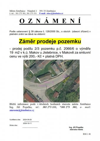 Záměr prodeje pozemku v k.ú. Makov u Jistebnice