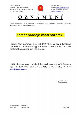 Záměr města Jistebnice - prodej pozemku v k.ú. Makov