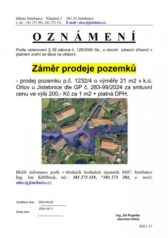 Záměr prodeje pozemku v k.ú. Orlov u Jistebnice