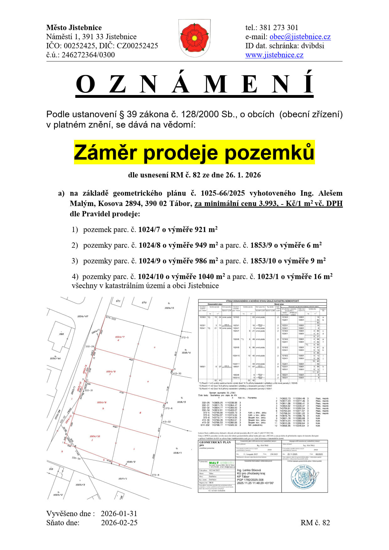 Záměr prodeje pozemků v k.ú. Jistebnice