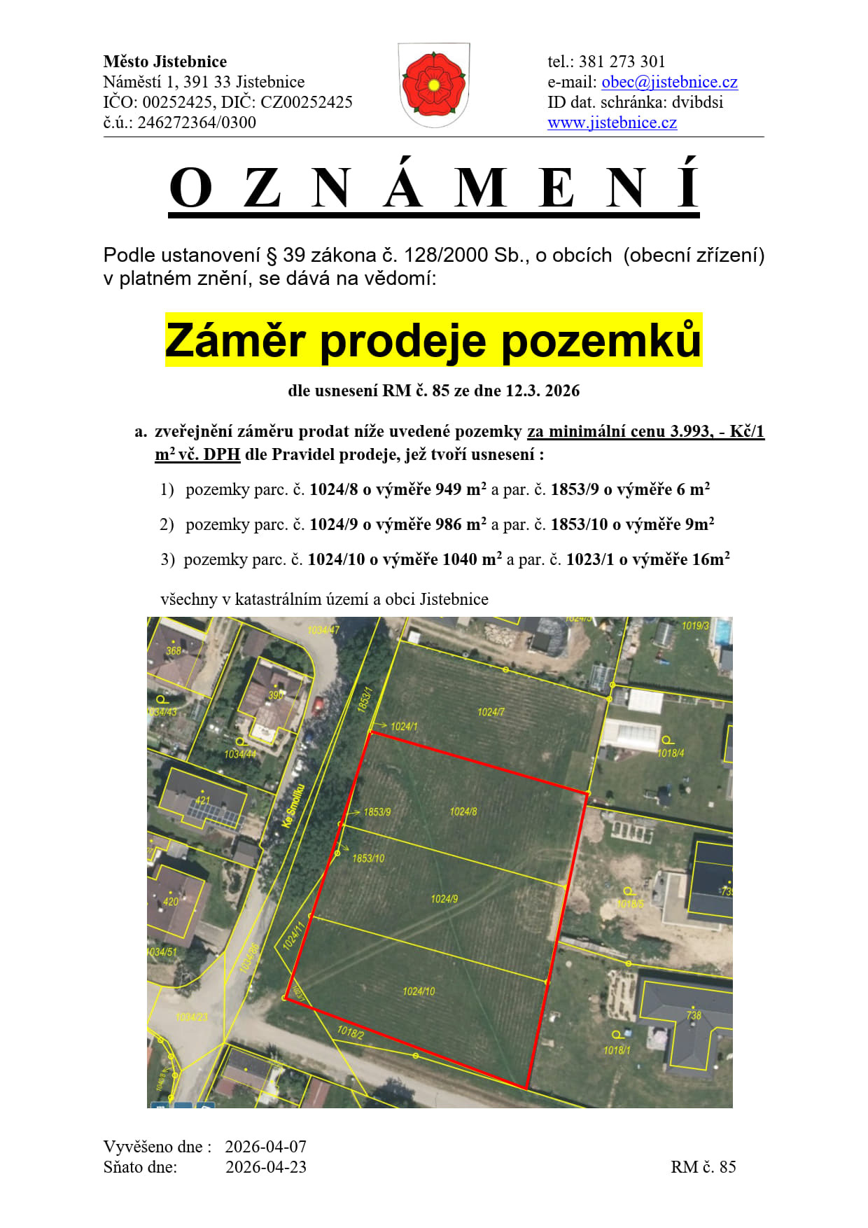 Záměr prodeje pozemků v Jistebnici