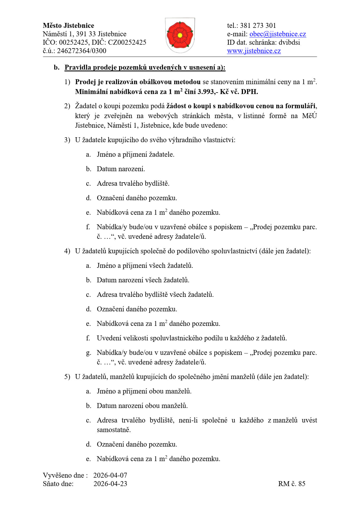 Záměr prodeje pozemků v Jistebnici