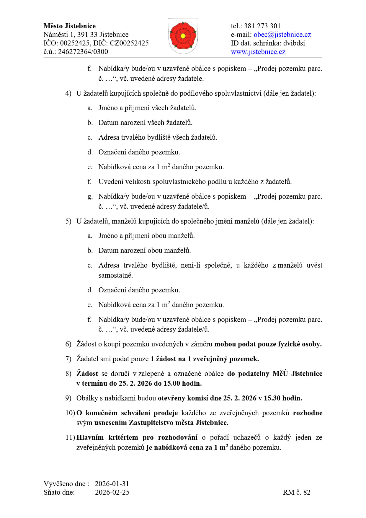 Záměr prodeje pozemků v k.ú. Jistebnice