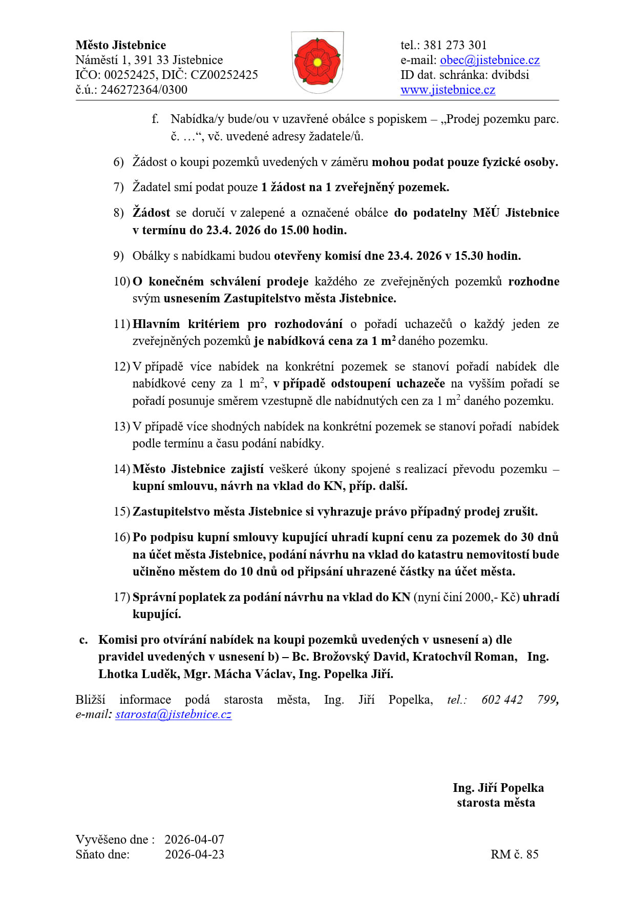 Záměr prodeje pozemků v Jistebnici