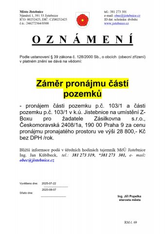 Záměr města Jistebnice -  pronájem  částí pozemků v k.ú. Jistebnice