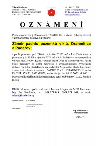 Záměr pachtu pozemků v k.ú. Drahnětice a Padařov